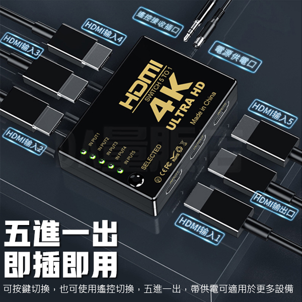 4K HDMI切換器 5進1出 附搖控 HDMI 1.4版 分接器 swtich 分配器 切換盒 支援 4K 2K product thumbnail 3