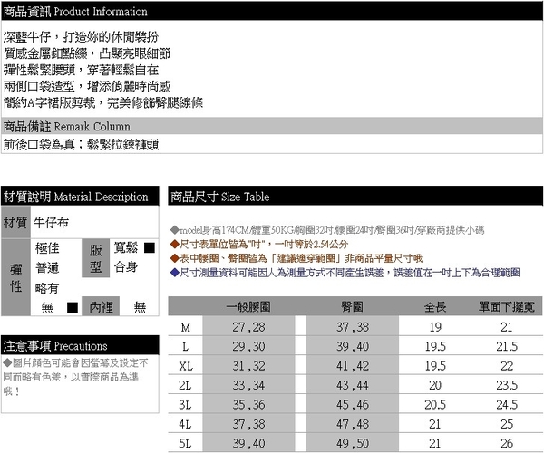 牛仔裙--休閒個性高腰鬆緊大口袋造型牛仔A字短裙(藍M-5L)-Q107眼圈熊中大尺碼 product thumbnail 10