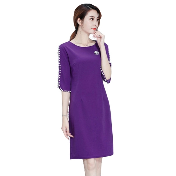 宴會 珍珠綴邊鏤空五分袖圓領洋裝 (紫 黑) 11950087