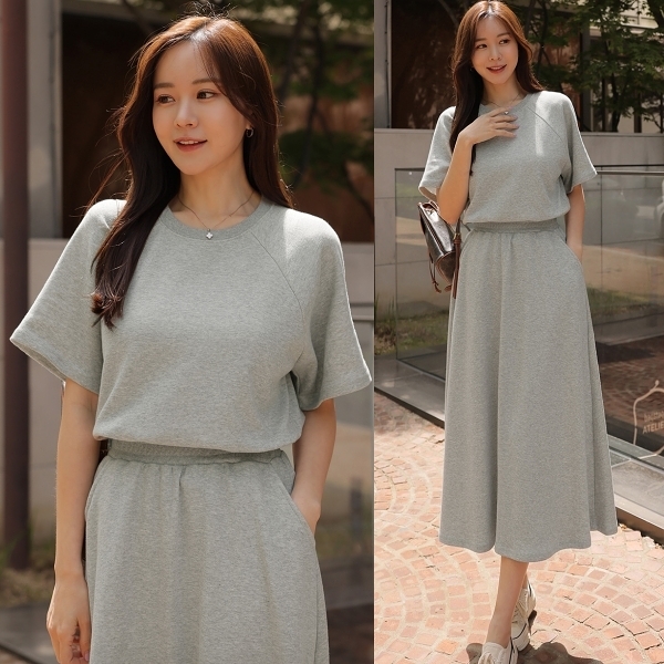 韓國製．休閒純色圓領棉質短袖上衣+雙口袋彈性鬆緊A字長裙套裝．白鳥麗子