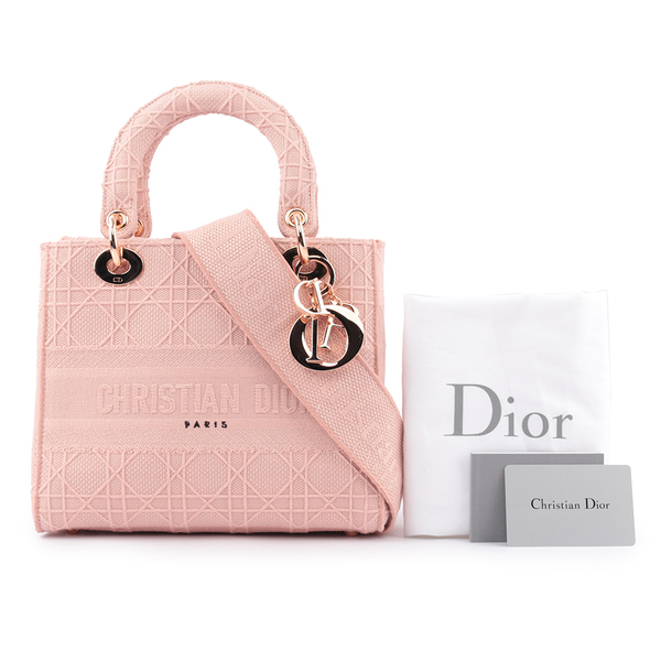 【DIOR】LADY D-LITE籐格紋圖案刺繡中型包款(粉色) M0565JREY_M957