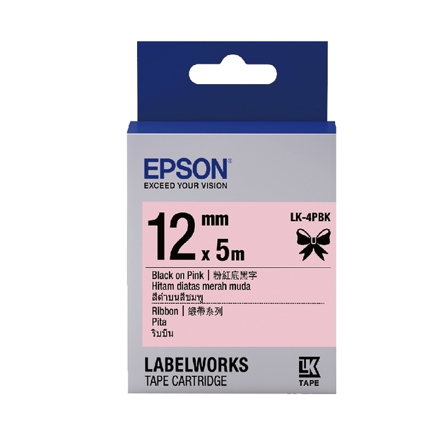 EPSON LK-4PBK C53S654430 緞帶系列粉紅底黑字標籤帶 寬度12mm
