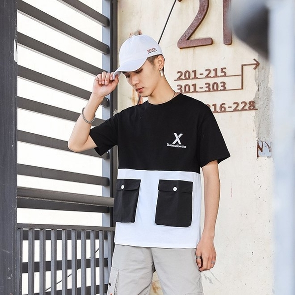 FINDSENSE G6 韓國時尚潮流 2019夏季新品 男士拼接大口袋短袖T恤