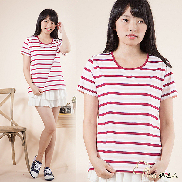 【PIPES-棉達人】 絲光棉 圓領 短袖，白底紅粉條紋T恤 690元，台灣製，L~2L