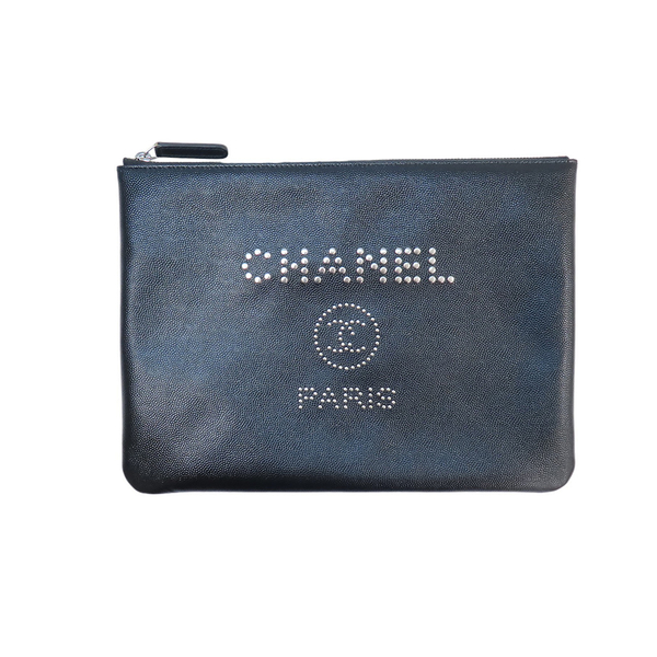 【二手名牌BRAND OFF】CHANEL 香奈兒 黑色 牛皮 荔枝紋 Deauville 手拿包 無卡