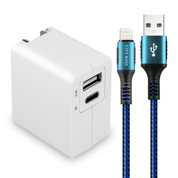 TOPCOM Type-C(PD)+USB雙孔快充充電器+CITY 勇固iPhone Lightning-300cm-藍 product thumbnail 2