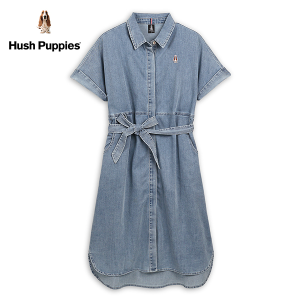 Hush Puppies 洋裝 女裝寬袖暗門襟腰綁帶休閒牛仔洋裝