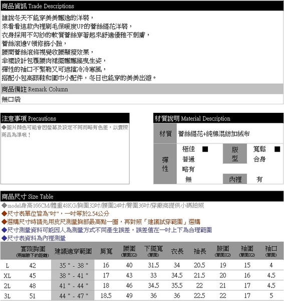 洋裝--優雅女伶蕾絲緹花保暖刷毛V領A字傘襬長袖連身裙(黑.紅L-3L)-A437眼圈熊中大尺碼 product thumbnail 11