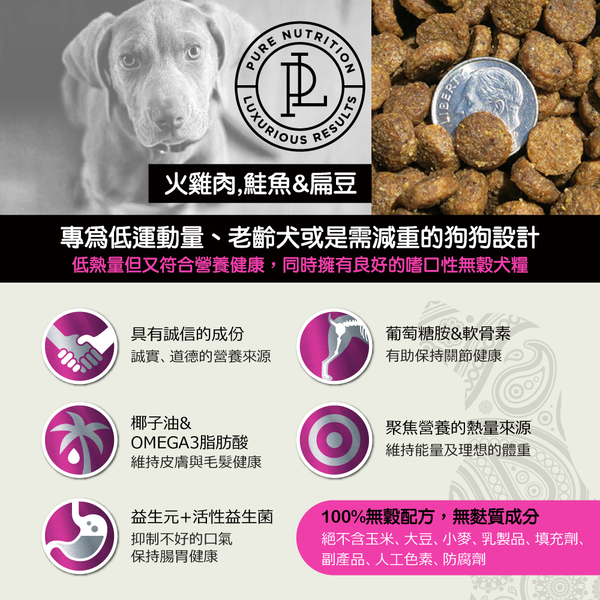 【力奇】PureLUXE 循味 天然無穀犬糧-室內老犬，低卡成犬(火雞肉，鮭魚&扁豆) 40LB (A001F18-2) product thumbnail 3