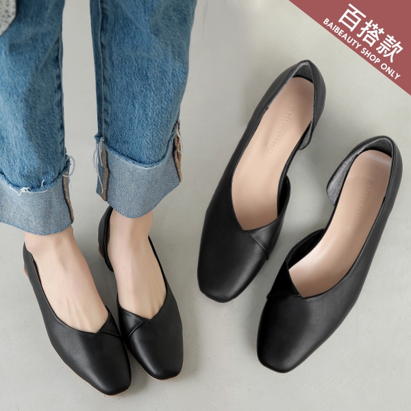 方頭鞋．MIT韓風皮革側簍空拼接低跟包鞋．白鳥麗子 product thumbnail 2