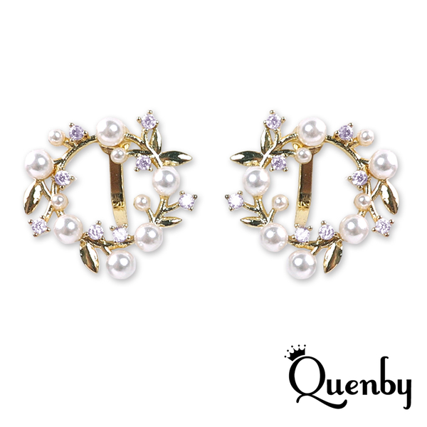 Quenby 森林系葉子花環珍珠造型耳環/無耳洞耳夾