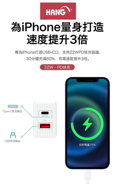 HANG C15白 22W PD+QC3.0全兼容閃充+TypeC 1對3 PD快速閃充線三合一(30cm短線灰) product thumbnail 5