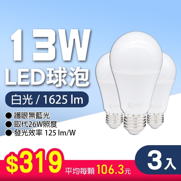 【艾沛斯】 13W LED燈泡E27(白光/黃光/自然光) 3入組 product thumbnail 4