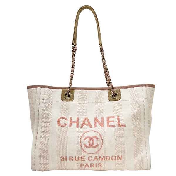 CHANEL 香奈兒 粉色 棉布 條紋 Deauville Tote 沙灘 肩背 托特包 【二手名牌BRAND OFF】