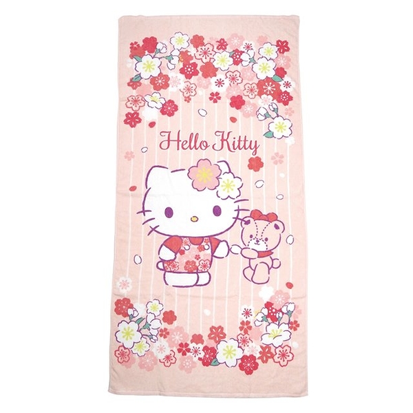 小禮堂 Hello Kitty 棉質浴巾 70x140cm (粉橘櫻花款) 4711198-672998