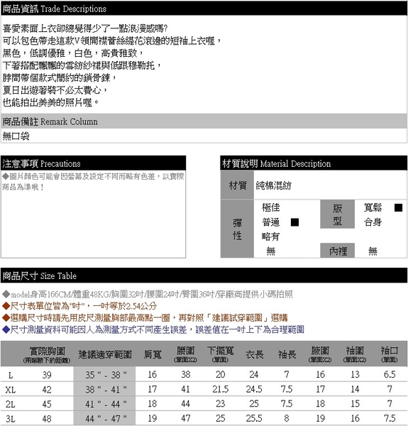 短袖上衣--典雅氣質蕾絲緹花滾邊短袖V領棉質上衣(白.黑L-3L)-U661眼圈熊中大尺碼 product thumbnail 11