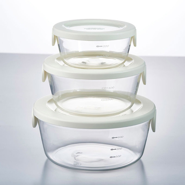 日本HARIO 圓形玻璃保鮮盒3件組-白色
