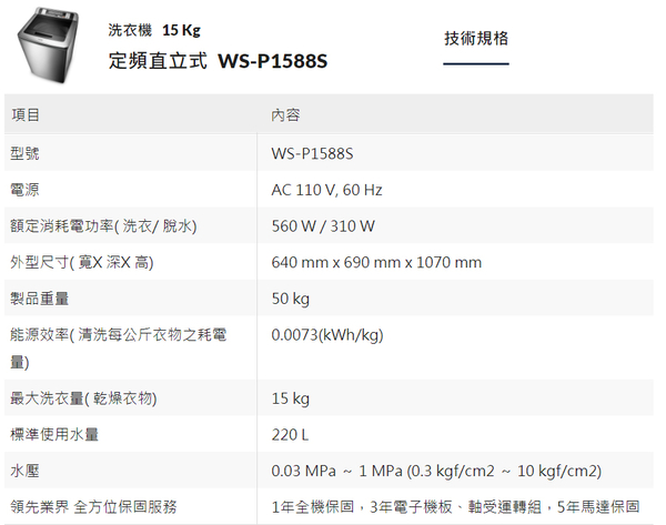 CHIMEI奇美15KG定頻直立式洗衣機 WS-P1588S~含基本安裝+舊機回收 product thumbnail 6