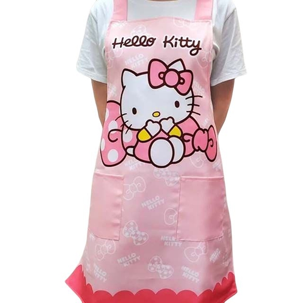 小禮堂 Hello Kitty 成人綁帶式圍裙 77x72cm (粉蝴蝶結款) 4710374-193968