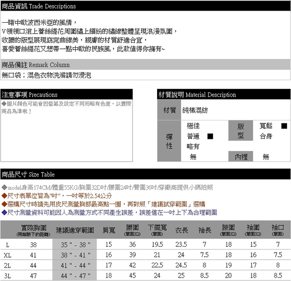 民族風--波希米亞的浪漫蕾絲緹花與刺繡織線滾邊V領短袖上衣(黑.綠L-3L)-U628眼圈熊中大尺碼 product thumbnail 11