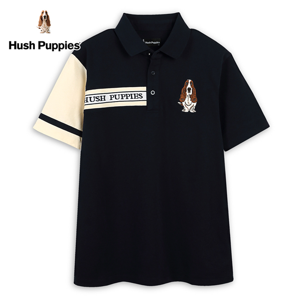 Hush Puppies POLO衫 男裝剪接配色品牌英文織帶刺繡狗短袖POLO衫