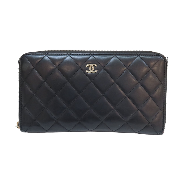 【二手名牌BRAND OFF】CHANEL 香奈兒 黑色 牛皮 菱格紋 Zippe Organizer 拉鍊長夾 銀扣 (無卡)