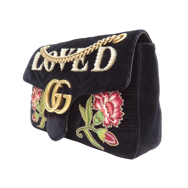 【二手名牌BRAND OFF】GUCCI 古馳 黑色 天鵝絨 GG MARMONT 康乃馨刺繡 斜肩鏈包 金扣 443496 product thumbnail 3