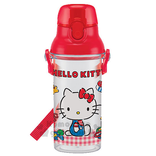 小禮堂 Hello Kitty 日製直飲式水壺《紅透明.格紋.套圈圈》480ml.附背帶 4973307-401718