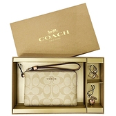 【COACH】C LOGO雙吊飾手拿零錢包禮盒(米白/粉橘)