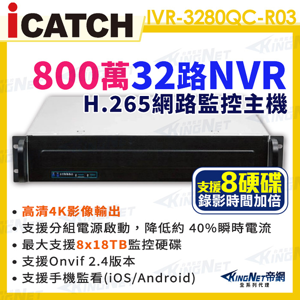 【KingNet】ICATCH 可取 IVR-3280QC-R03 ULTRA 32路 NVR 錄影主機 4K 800萬 支援8顆監控硬碟