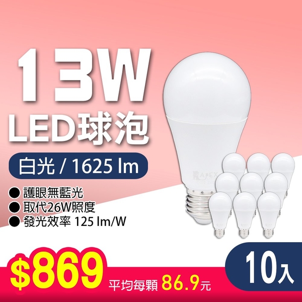 【艾沛斯】 13W LED燈泡E27(白光/黃光/自然光) 10入組 product thumbnail 4