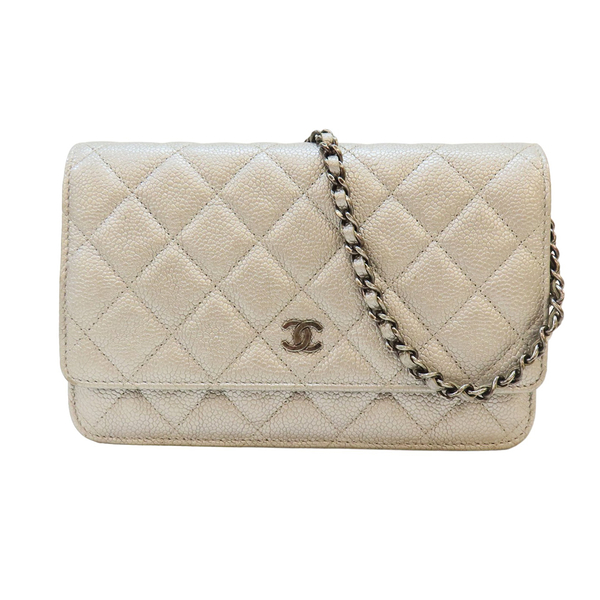 【二手名牌BRAND OFF】CHANEL 香奈兒 銀色 牛皮 菱格紋 WOC 肩背包