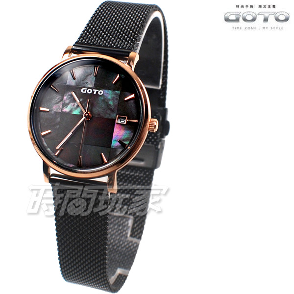 GOTO Nostalgia懷舊系列- 拼貼玻璃 貝殼窗花 米蘭腕錶 女錶 不鏽鋼 學生錶 IP黑電鍍 GM2099L-43-V41