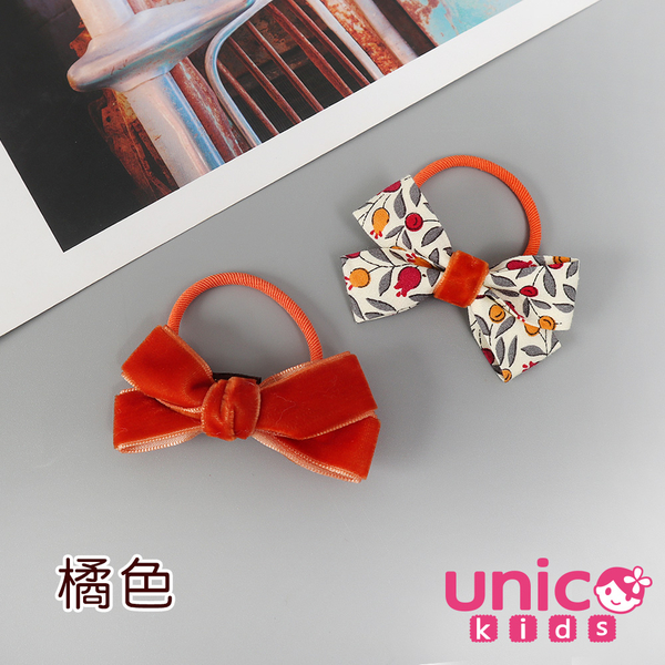 UNICO 兒童粉色橘色碎花絲絨蝴蝶結髮圈-4入 product thumbnail 3