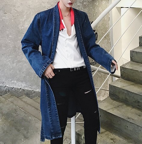 FINDSENSE G6 韓國時尚 男士中長款牛仔風衣潮男寬鬆休閒外套長大衣