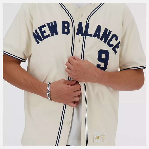 NEW BALANCE 短T NB 米白藍 美式復古 棒球襯衫 男 MT41512LIN product thumbnail 2
