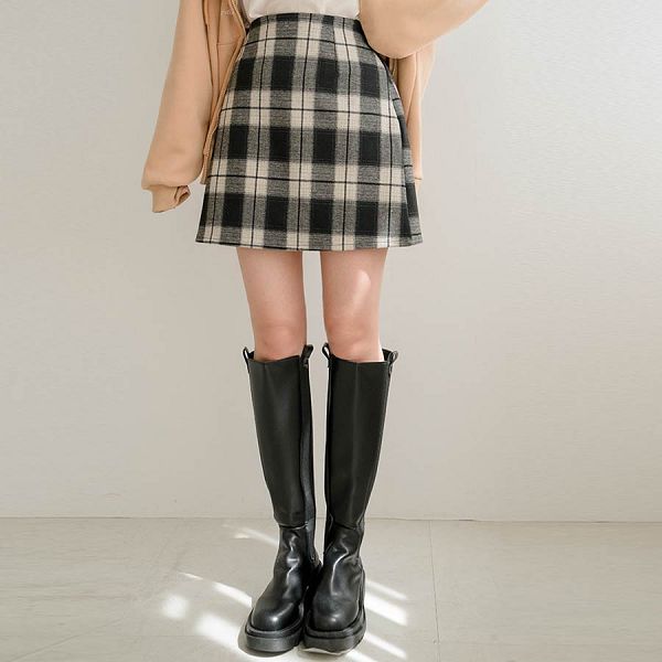 MIUSTAR後鬆緊側拉鍊混色格子高腰褲裙(共2色)【NL2474】預購