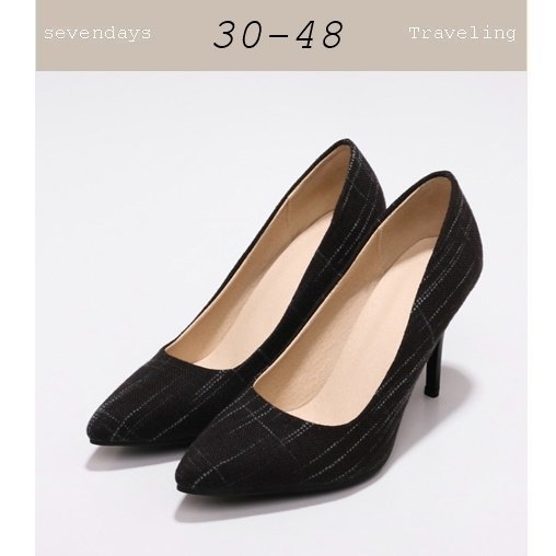 大尺碼女鞋小尺碼女鞋尖頭牛仔布擦色格紋性感細跟高跟鞋黑色(30-48)現貨#七日旅行