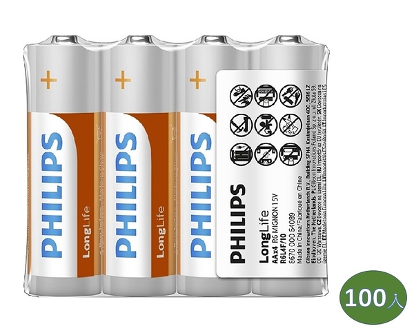 PHILIPS 飛利浦 3號AA碳鋅電池 (4顆*25組) 100入 (熱縮)