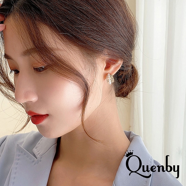 Quenby 925純銀 C形鋯石珍珠氣質風耳環/耳針