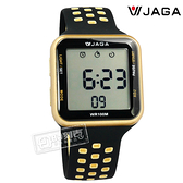 JAGA 捷卡 / M1179C-AL / 方型電子 計時碼錶 鬧鈴 防水100米 透氣運動 矽膠手錶 黑金色 38mm