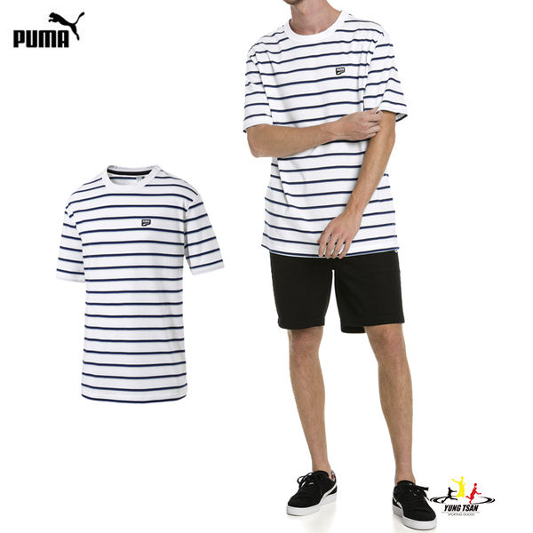 Puma Downtown 男 白藍 條紋 短袖 T恤 流行系列 運動上衣 短T 休閒 上衣 57876502