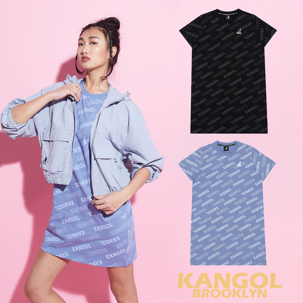 KANGOL 黑灰 / 淺藍 滿版LOGO 連身 長版T 洋裝 女(布魯克林) 6222158120 6222158181