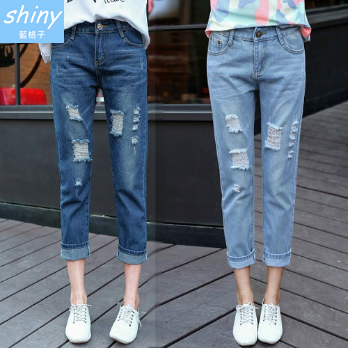 【V1901】shiny藍格子-秋造美型．破洞寬鬆直筒九分牛仔褲
