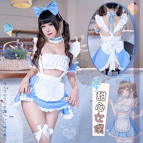 角色扮演 Cosplay 女僕服！清新藍白荷葉花邊開衩裙襬蝴蝶結點綴七件式套裝