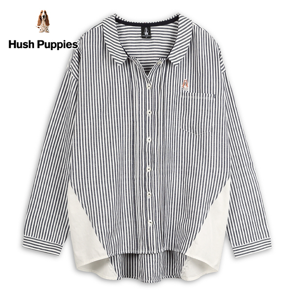 Hush Puppies 襯衫 女裝娃娃領直條紋拼接寬鬆襯衫