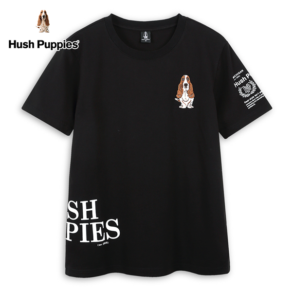 Hush Puppies T恤 男裝簡約英文字立體矽膠刺繡狗T恤