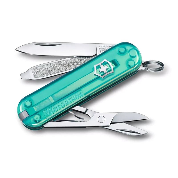 【Victorinox 瑞士維氏】瑞士刀 CLASSIC SD 小型袋裝刀 7用刀 58mm-透海洋綠(0.6223.T24G)