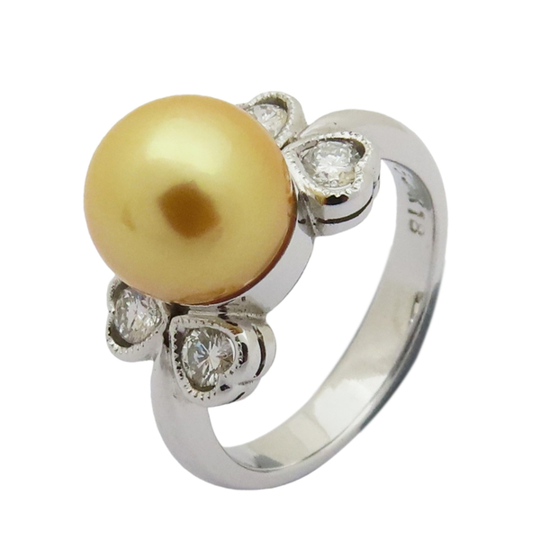 【二手名牌BRAND OFF】JEWELRY 無品牌珠寶 金色珍珠 鑲鑽 18白K金 戒指