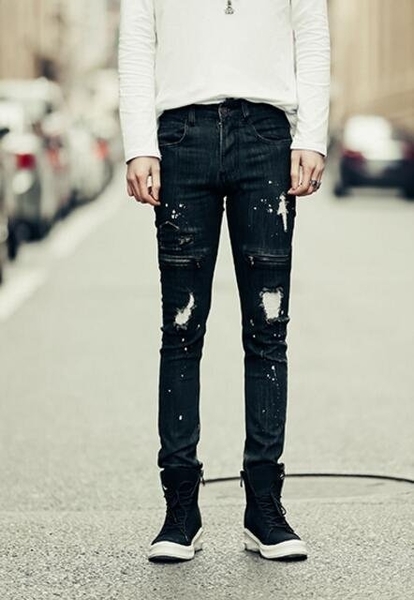 FINDSENSE品牌 男 時尚 街頭 潮 破洞 褶皺感 拉鏈塗漆 牛仔褲 九分